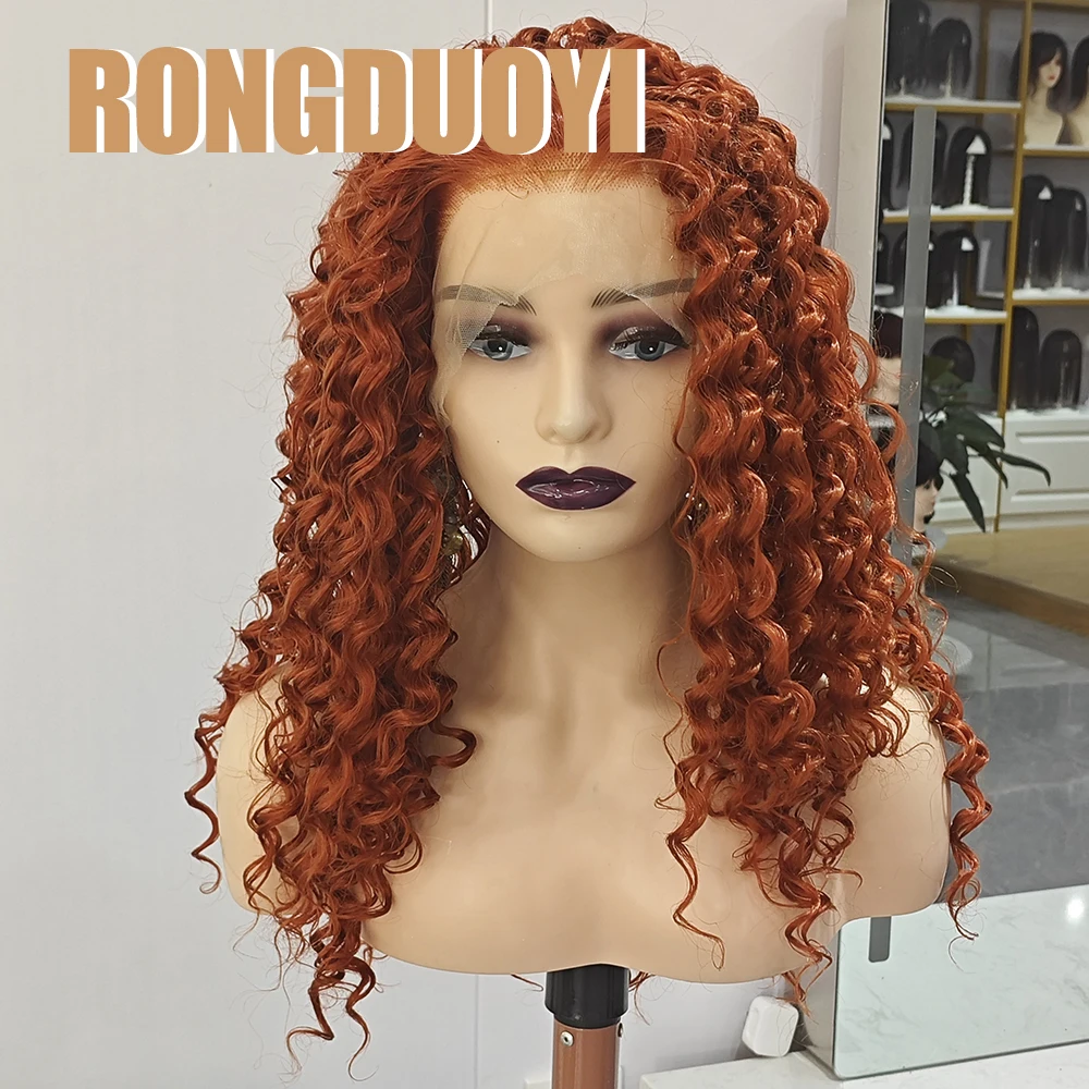 RONGDUOYI Reddish Orange Kinky Curly Synthetic Wig Deep Curly Natural Hairline Lace Front Wigs Daily Makeup Use Copper Red Hair