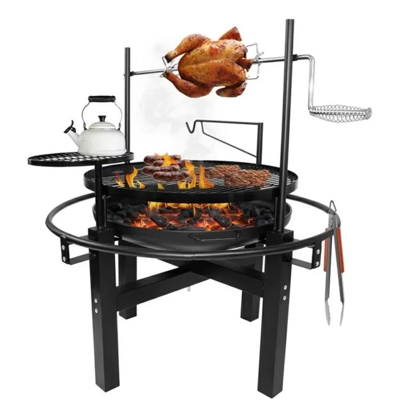 Multifunction Outdoor Stainless Steel Charcoal Barbecue Rotisserie Fire Pit with 2 Layers Cooking Grid