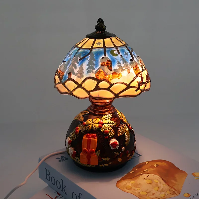 LED Christmas Table Lamps Ornament Tiffany Style Stained Glass Snowman Santa Night Lights Xmas Home Decor, Gift New Creative