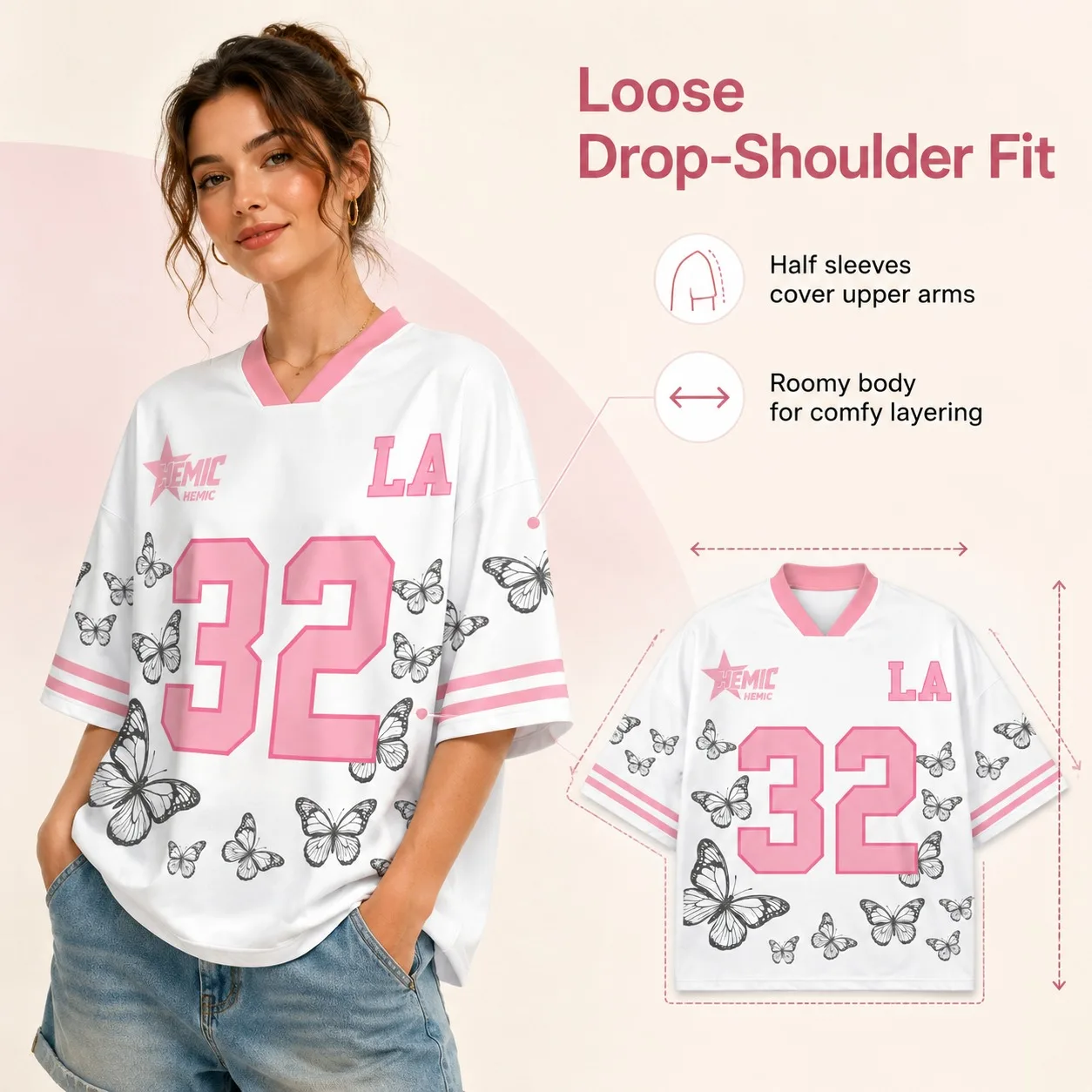 Cute Women Butterfly LA 32 Digit Print Striped Sleeve V Neck Drop Shoulder Oversized Loose Fit Summer Casual Sports Tshirt