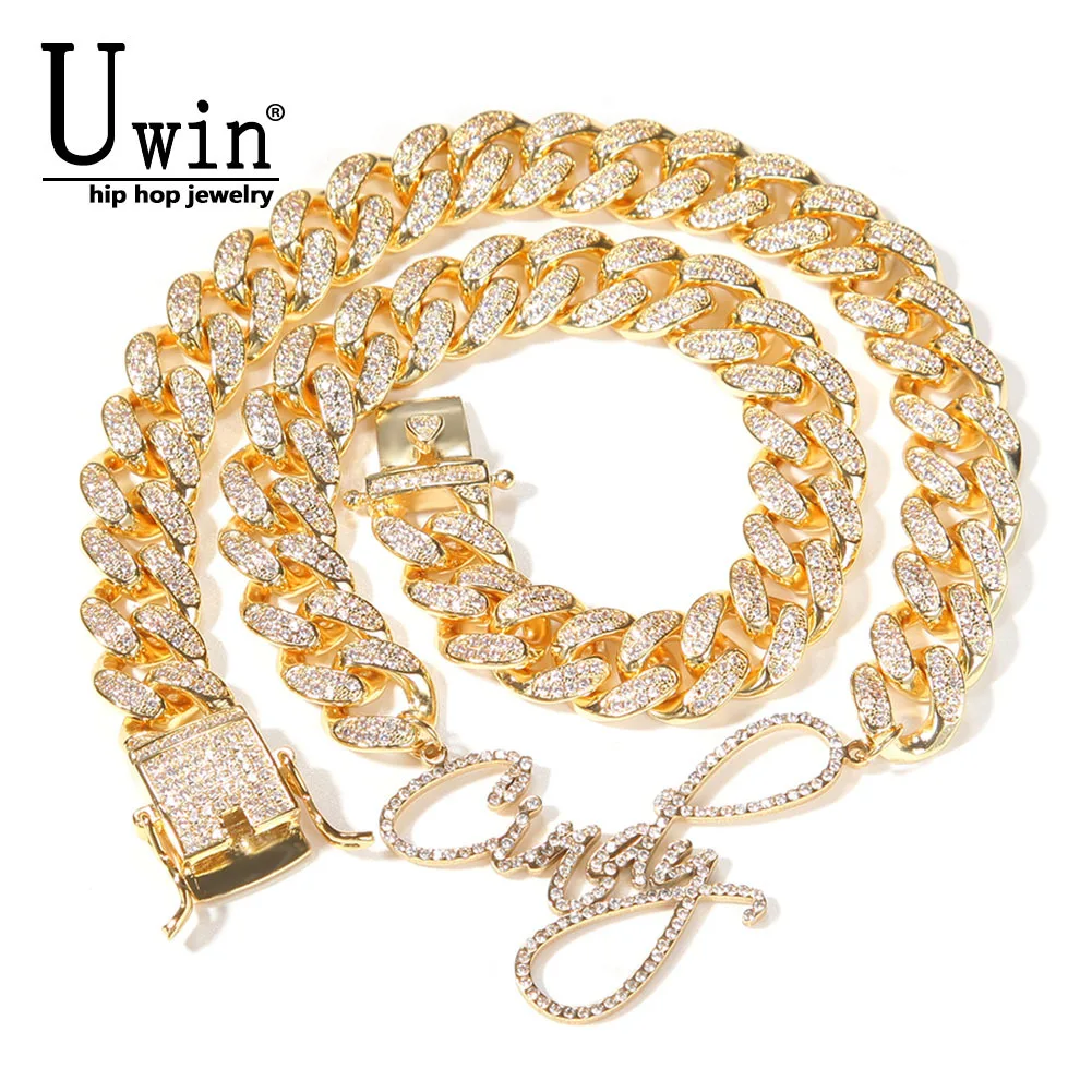 

Uwin Name With 12mm Cuban Chain Customized Stainless Steel Iced Out Letters Choker CZ Cuban Miami Link Chain Hiphop Jewelry