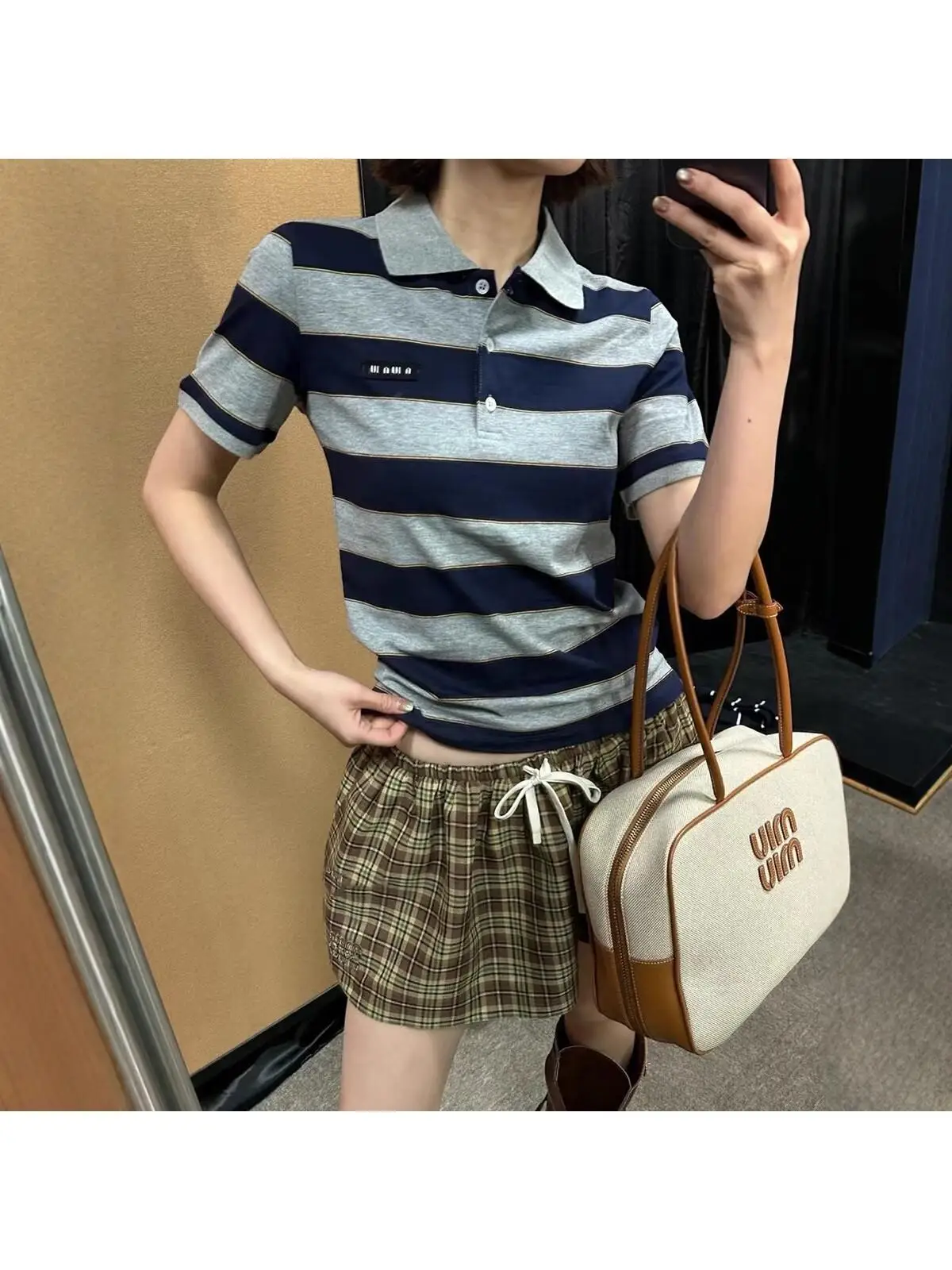 

Summer 2026 Women's Neck Short Sleeve T-Shirt M Series Emblem Patch Striped Design Sensation Color Block Top Cotton 100%