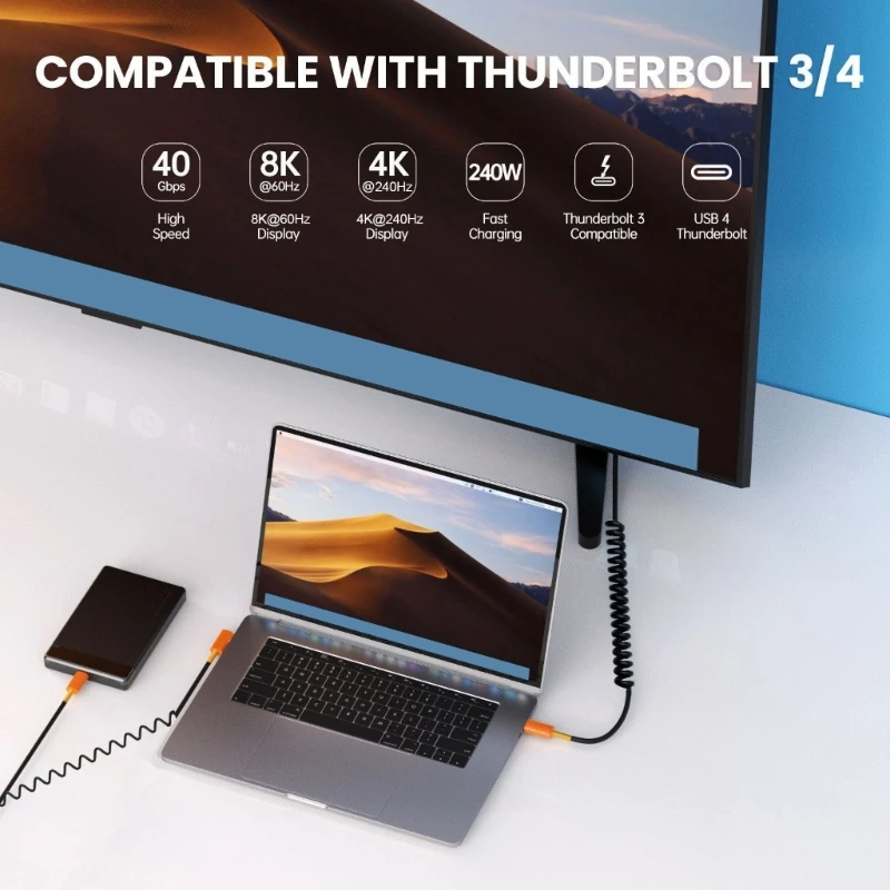USB4 Type C Spring Telescopic Data Cable 240W Fast Charging Cord 40Gbps Speed 8K Video Wide Compatibility 1.1m best sale
