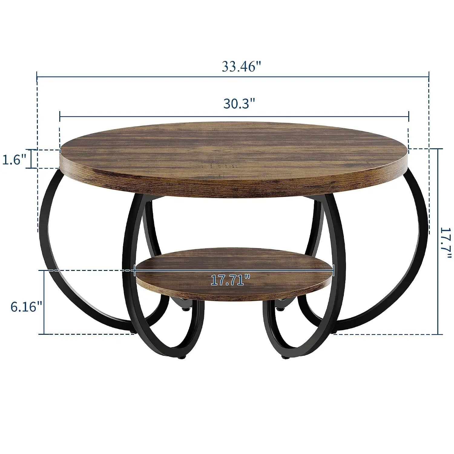 Round Coffee Table 30 in Center Table, 2-Tier Coffee Table Industrial Center Tables with Adjustable Feet, Customized