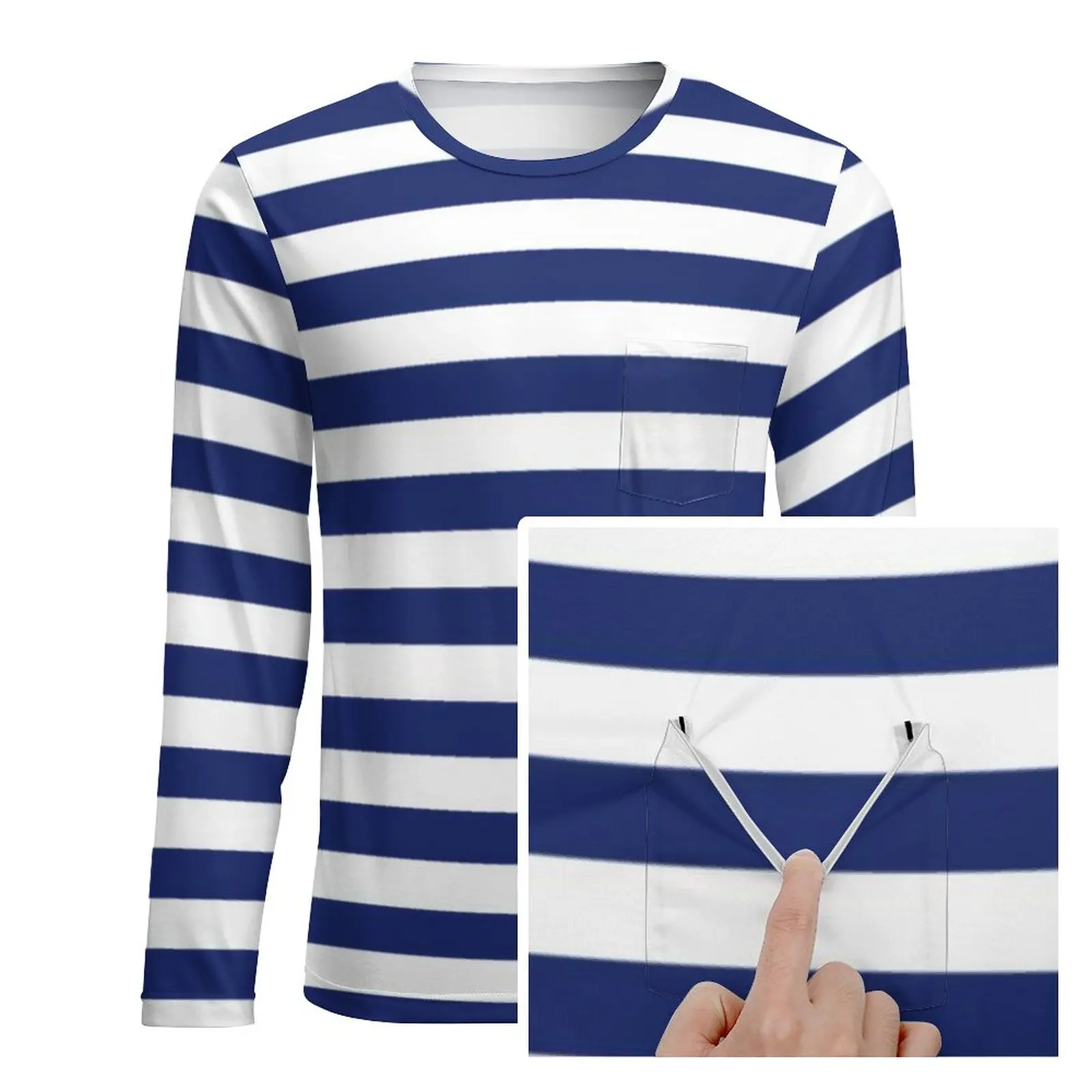 Retro Nautical T-Shirt With Pocket Navy Blue and White Stripe Fashion T Shirts Y2K Tee Shirt Long Sleeve Design Tees 4XL 5XL