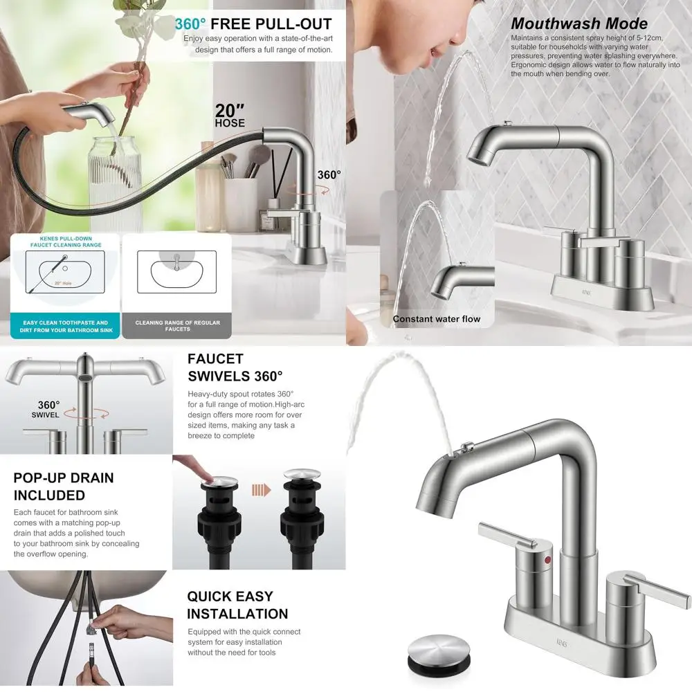 

4-дюймовый смеситель для ванной комнаты из матового никеля с 2 ручками и выдвижным распылителем, смеситель для раковины с центральной установкой и выдвижным сливом и опорами