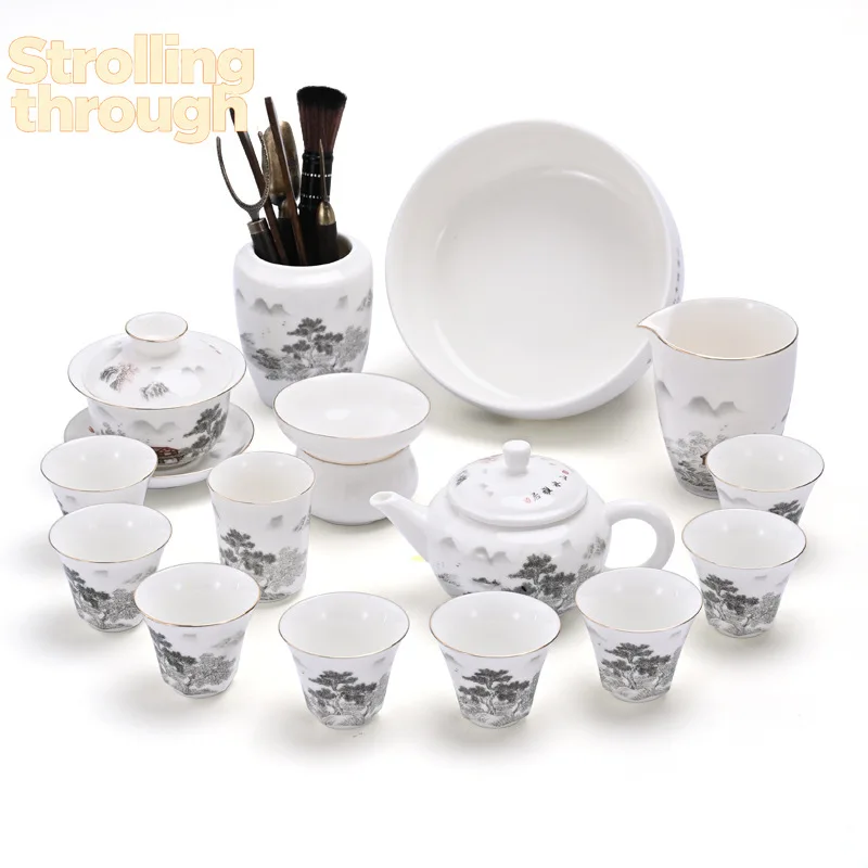 

Керамический чайный сервиз из 16 предметов: большой набор из фарфора «Суэт-жад», чашки, чайник, чаша с крышкой, для чайной церемонии Кунг-фу, с рисунком «Чернильный пейзаж»