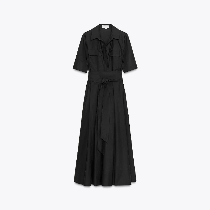 Elegante riemjurk voor dames, lange zwarte jurk met lange mouwen, geplooide revers, taille-aansluitend, A-lijn jurken, lente 2026, nieuwe damesjurken