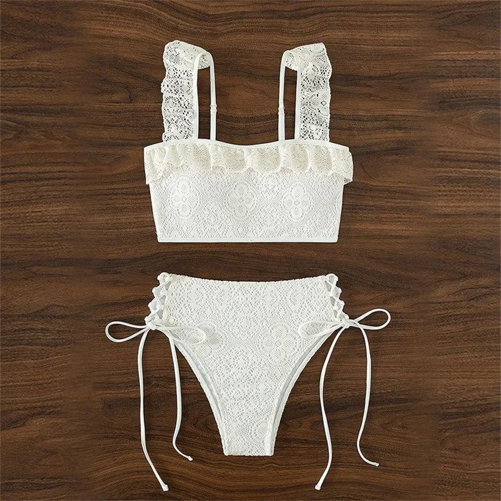 

Sexy Lace Swimsuit Ruffled Jacquard Hollow Bikini Push Up Vacation Swimwear Women High Waist Drawstring Beach Outfit Bathing Set