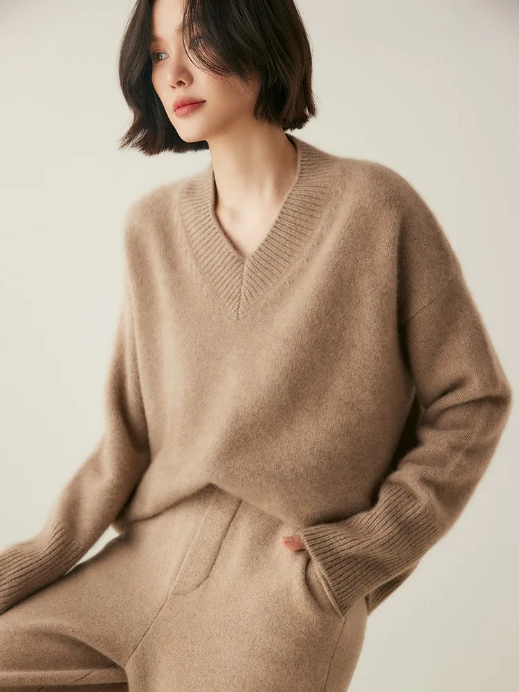 Pull basique à manches longues et col en v pour femme, vêtement ample en cachemire, épais et chaud, de haute qualité, automne-hiver, 100%