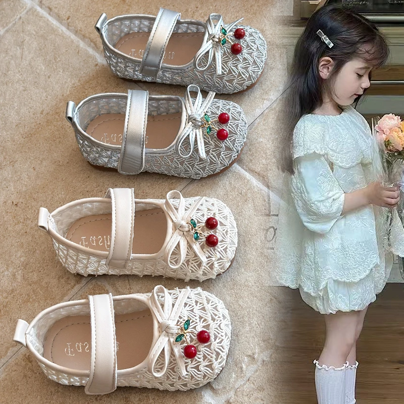 Cute Girls' Shoes Ages 1–16 Beige Bow Cherry Children's Mary Jane Shoes Silver Lightweight Non-Slip Kids Baby Shoes Toddler Girl