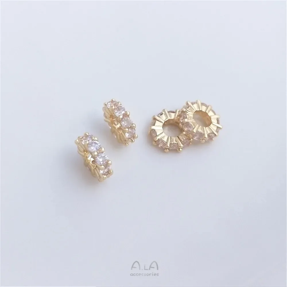 Microembutidos Zircão Ouro Anel De Diamante, 14K Coberto, Quadrado Zircônio Roda Spacer Bead, DIY Handmade Jóias Acessórios