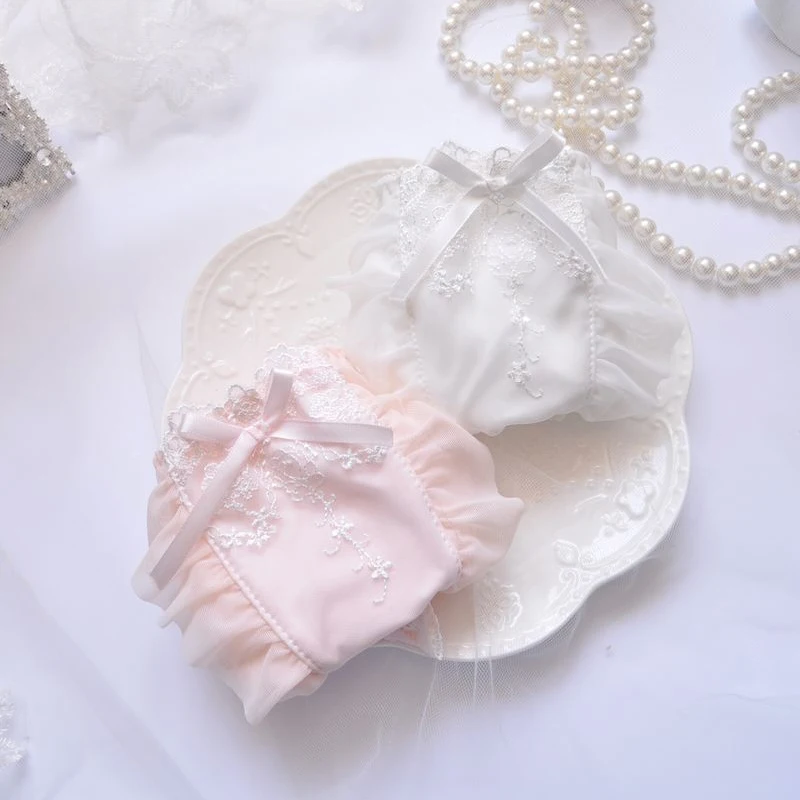 Women Cute Lovely Sweety Lolita Panties Princess Style Lace Embroidery Ruffles Underwear Stretch Milk Silk Breifs