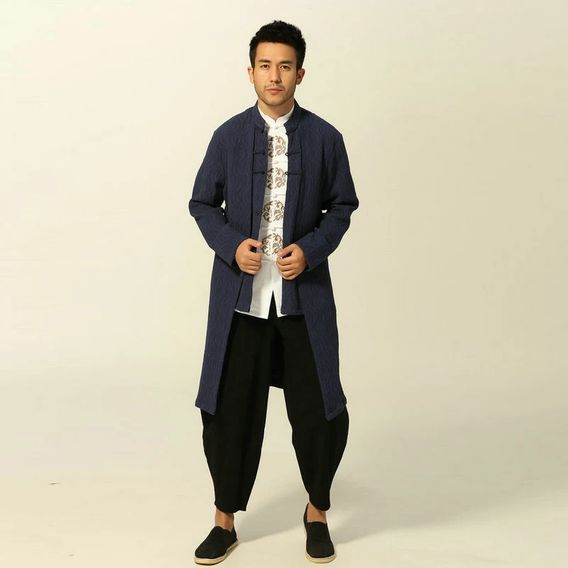 Men Cosy Trench Coat Blue Red Black Double Layered Design Outfits Mandarin Collar Cotton Outerwear Chinese Kungfu Style 2024