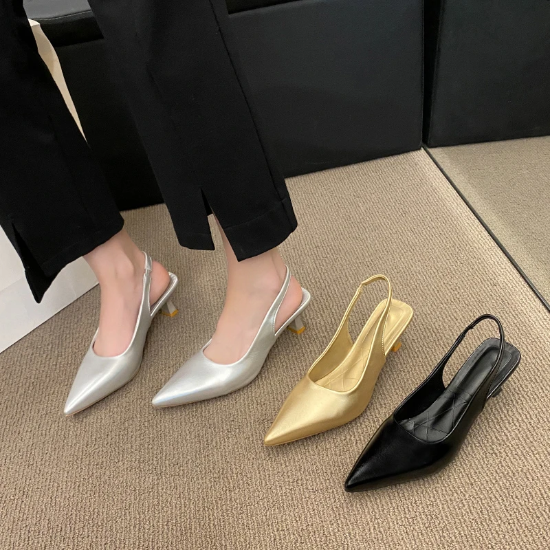 

New Elegant High Heels Silver Pumps Women Summer Slingbacks Pointed Toe Party Shoes Woman Solid Thin Heeled Sandals Ladies