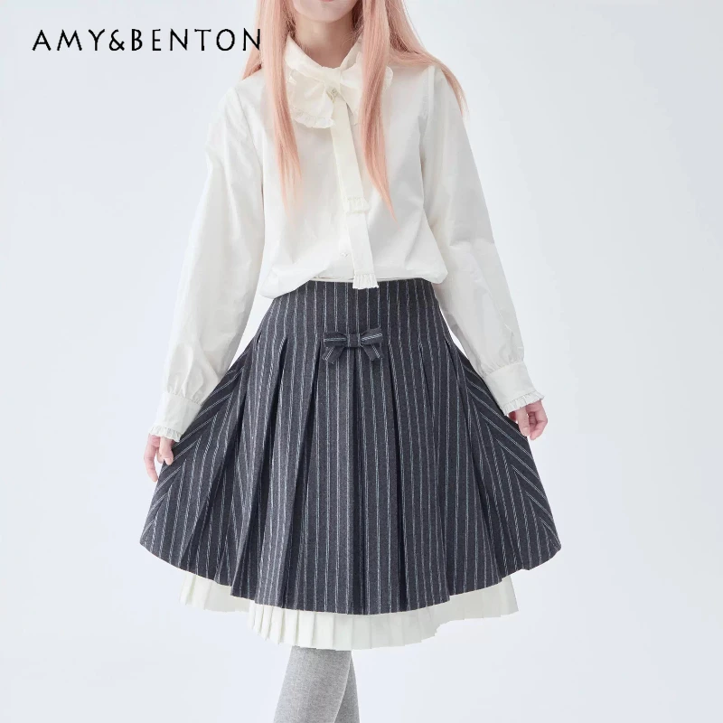 

Оригинальный дизайн, женская плиссированная юбка в полоску в стиле ретро, осенняя новинка, утягивающие юбки трапециевидной формы с высокой талией и бантом