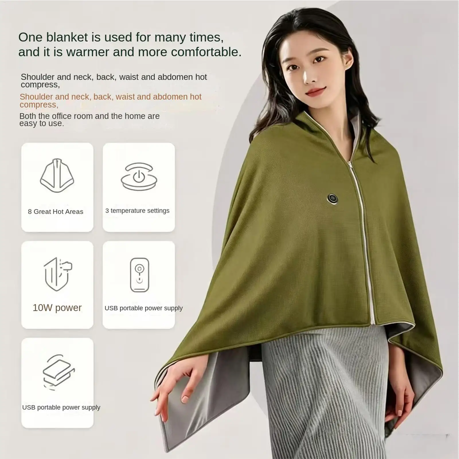 Portable Heated Blanket 3 Levels Wearable Zippered Portable USB Wraps Electric Throw Blanket for Camping Travel Home Office Bed