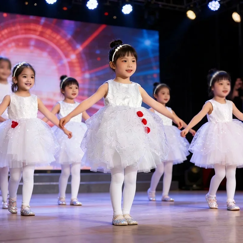 Modern Sequin Dance Dress Girls Lyrical Contemporary Freestyle White Tutu Dance Costume Girls Children Kids