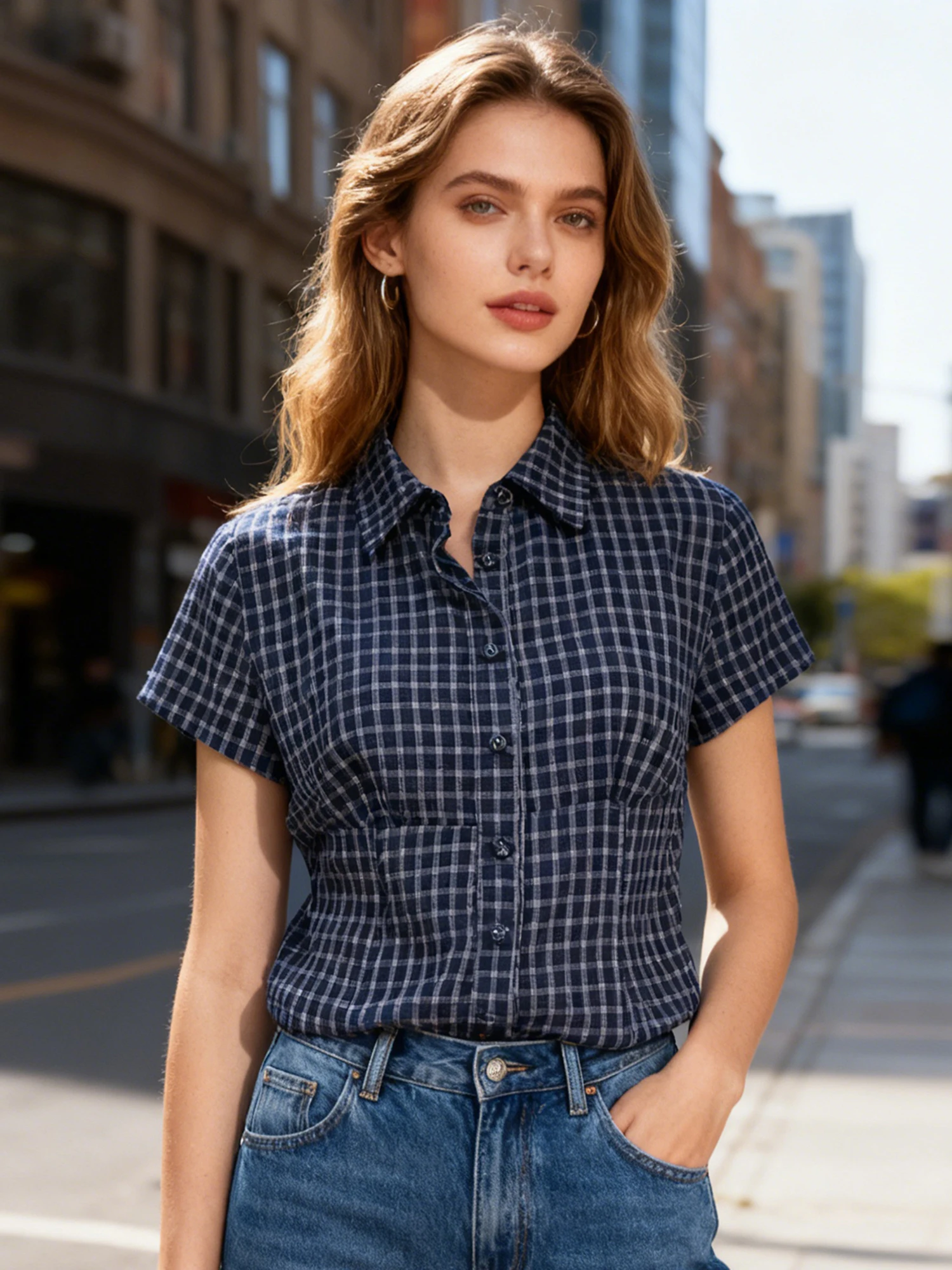 Women s Casual Plaid Print Short Sleeve Shirt Lapel Button Down  Fit Blouse Summer Streetwear Fashion Tops