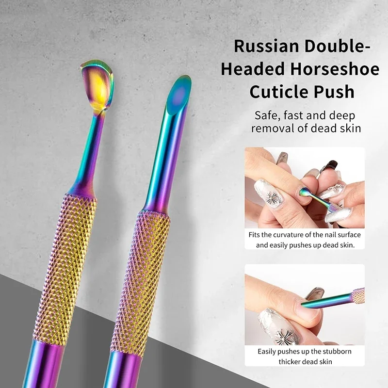 Popychacz do skórek ze stali nierdzewnej do manicure, dwustronny, stalowy w kształcie podkowy, do usuwania martwego naskórka, narzędzie do usuwania lakieru, rampa do zdobienia paznokci.
