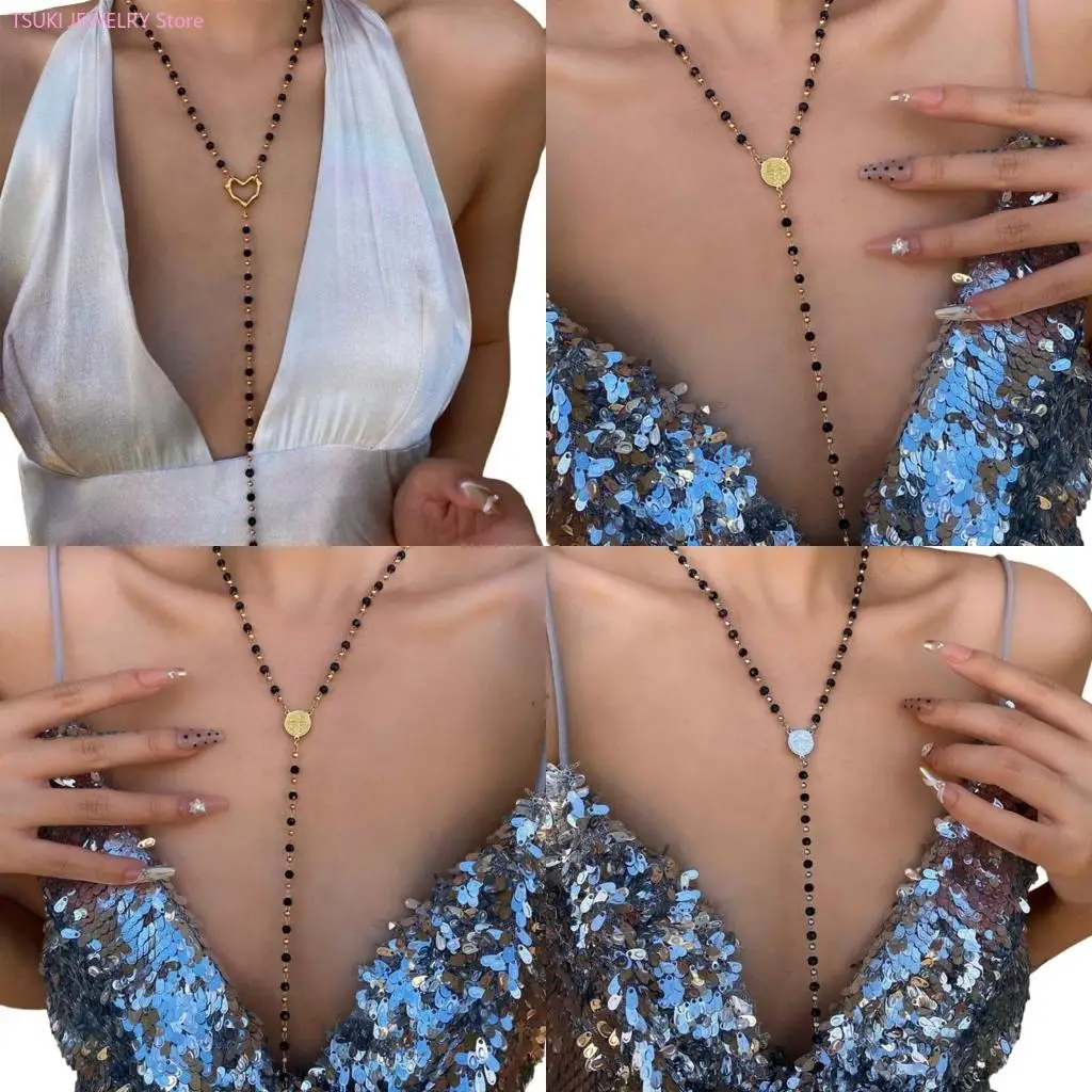 62KE Contemporary Black Glass Bead Necklace Offering Vibranting Color for Daily Wear