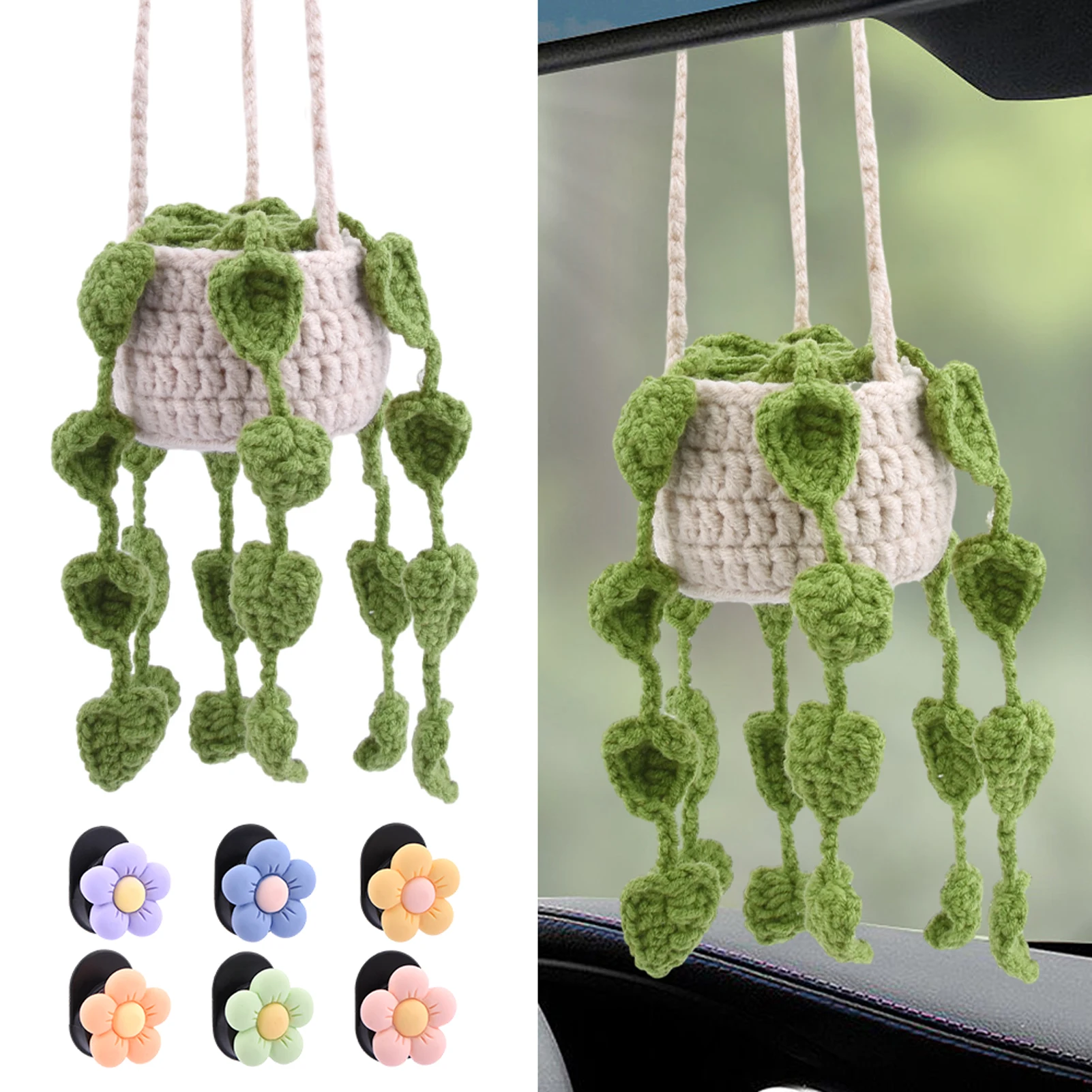 7pcs/set Lightweight Crochet Hanging Plant For Car Home Bedroom Macrame Accessories Gifts With Hooks Mini Rear View Mirror