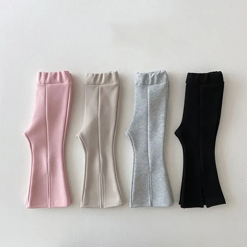 

2024 Spring Autumn New Children's Pants Girls Fashion Split Fork Bell Bottom Pants Solid Color Elastic Mid Waist Pants 4 Colors