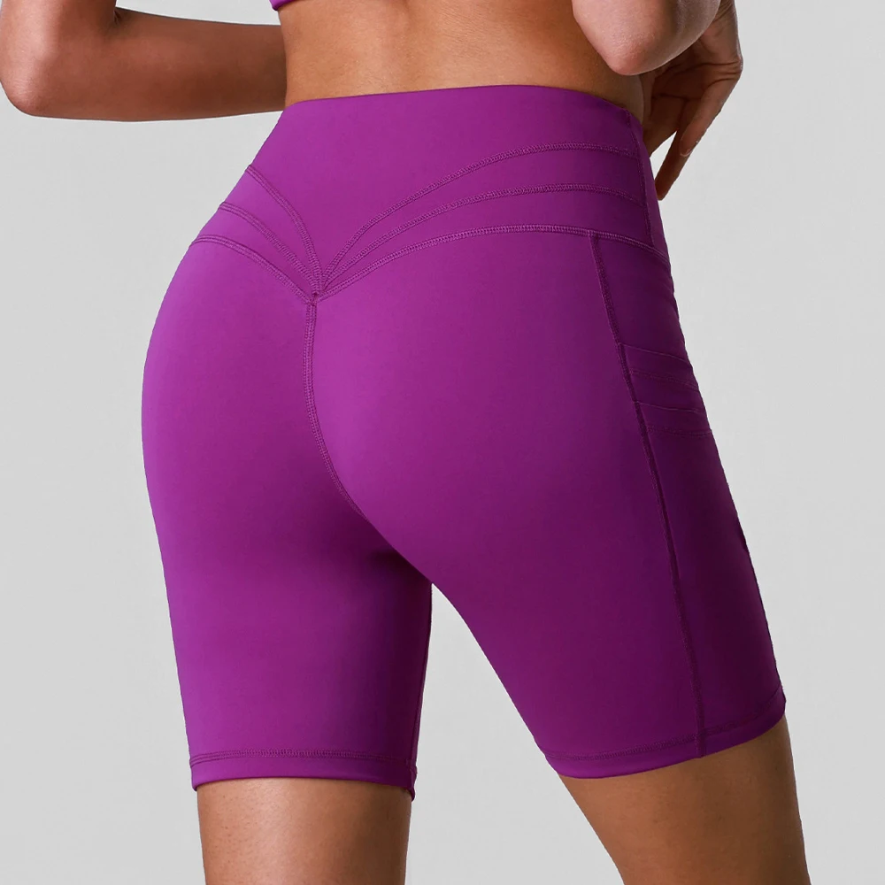 High Waist Yoga Shorts with Pocket Women Sportswear Running Sport Short Pants Female Gym Fitness Workout Short Leggings Purple