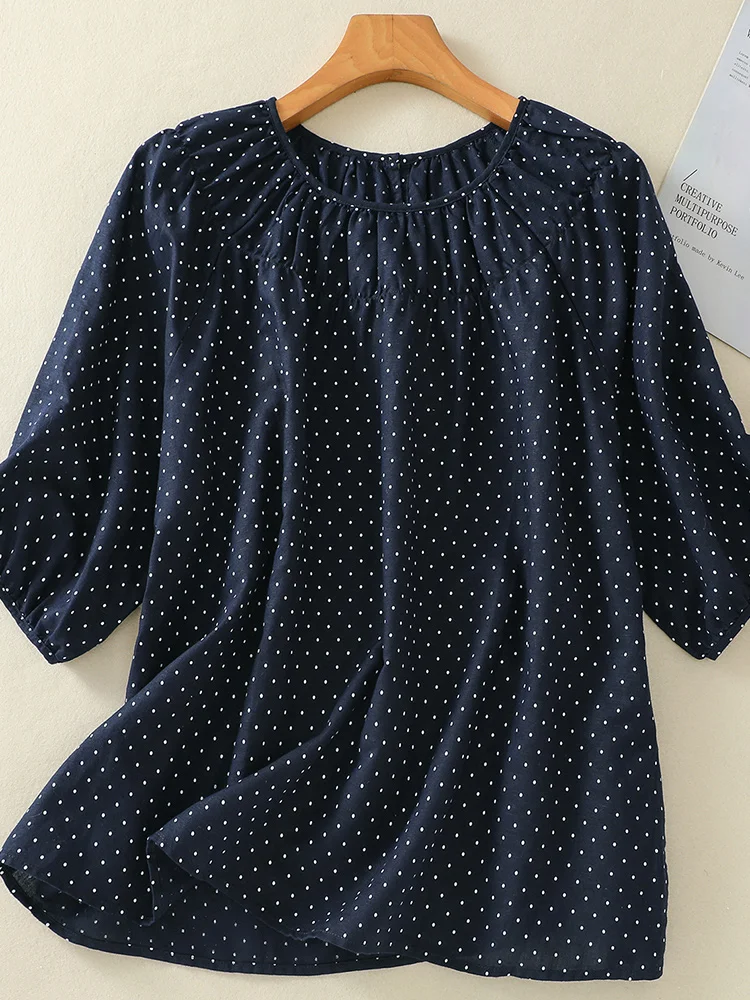 Retro cotone lino a pois irt donna estate Sli sciolto rotondo Ne Five Sve cotone lino T irt Top