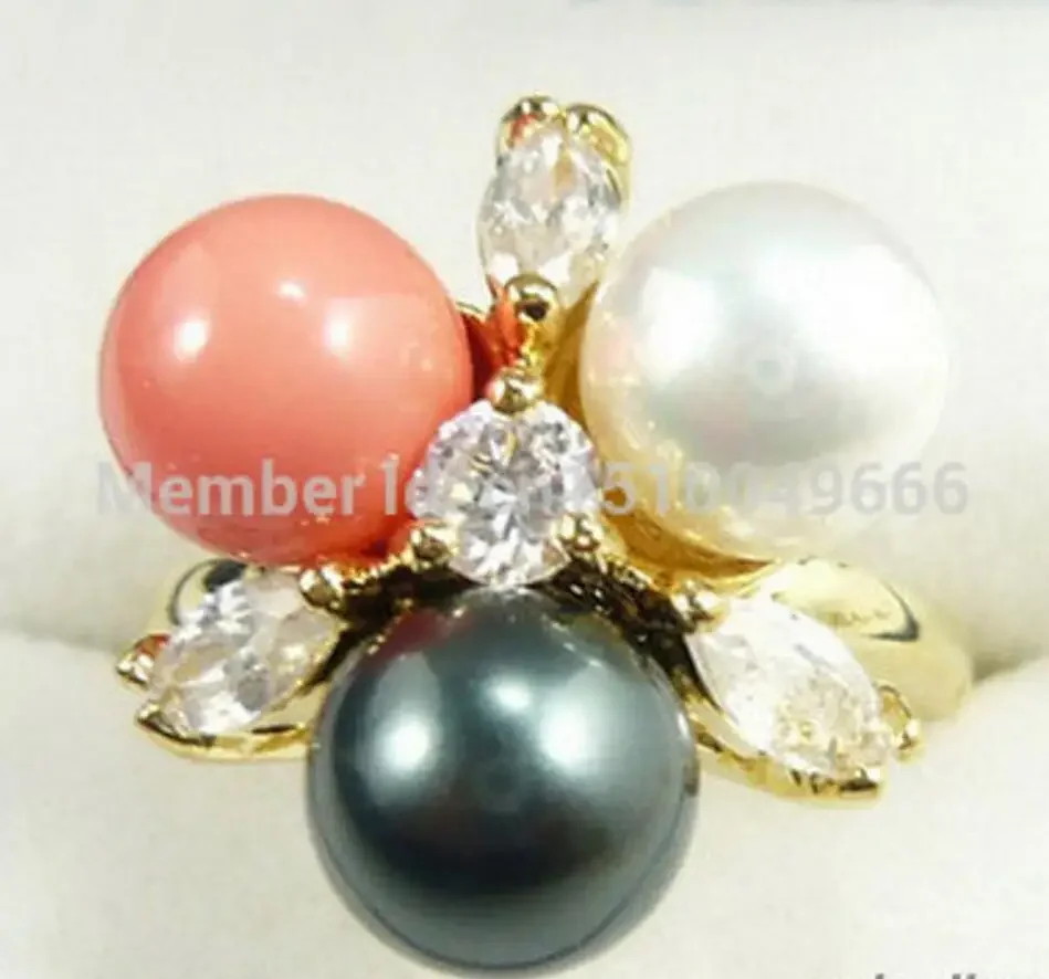 

Black White South Sea Shell Pearl Pink Coral Crystal Ring Size: 6.7.8.9