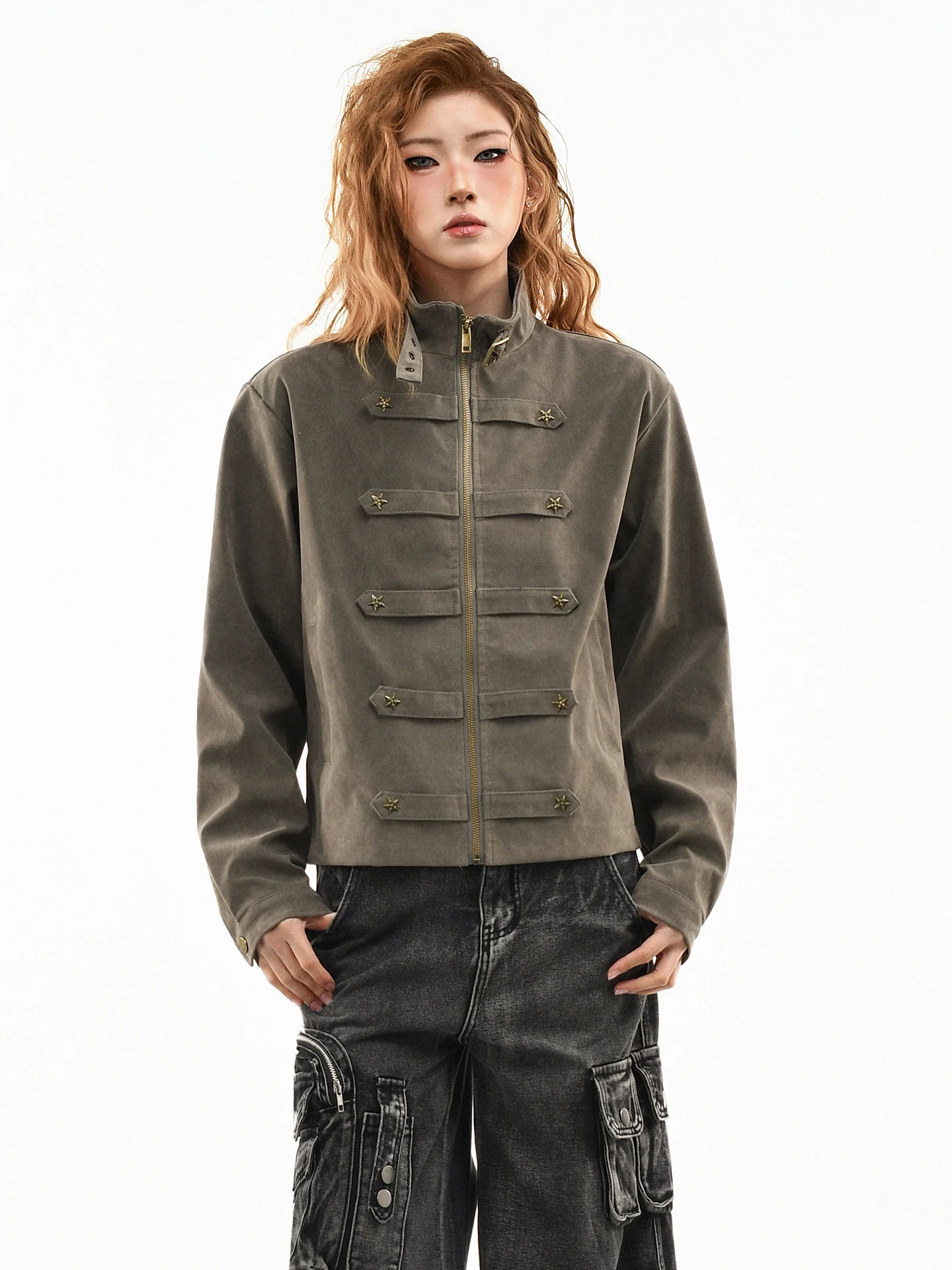 

Оригинальная женская куртка OV в стиле ретро с заклепками, свободного кроя, весенняя, уличная мода, для пар, с V-образным вырезом, из полиэстера