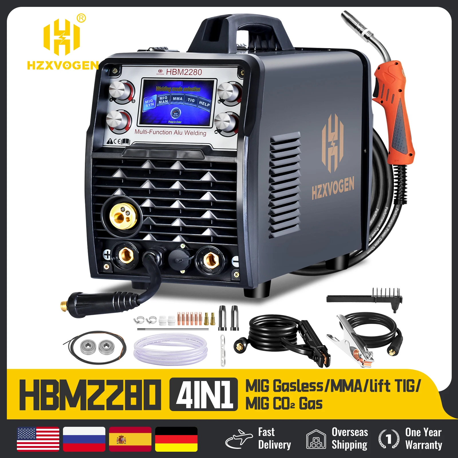 HZXVOGEN Welder 5 In 1 HMB2280 Gasless/Gas MIG ARC/MMA Lift TIG HBM2280 AluminumSynergy Semi-automatic Welding Machine Tools