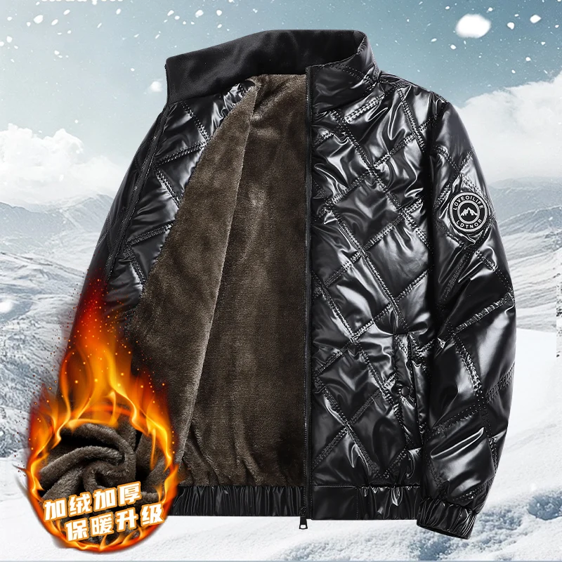 Winter New Style PU Leather Parkas for Men Stand Collar Windproof Cotton Jackets Comfortable Thicken Warm Outerwear All-match