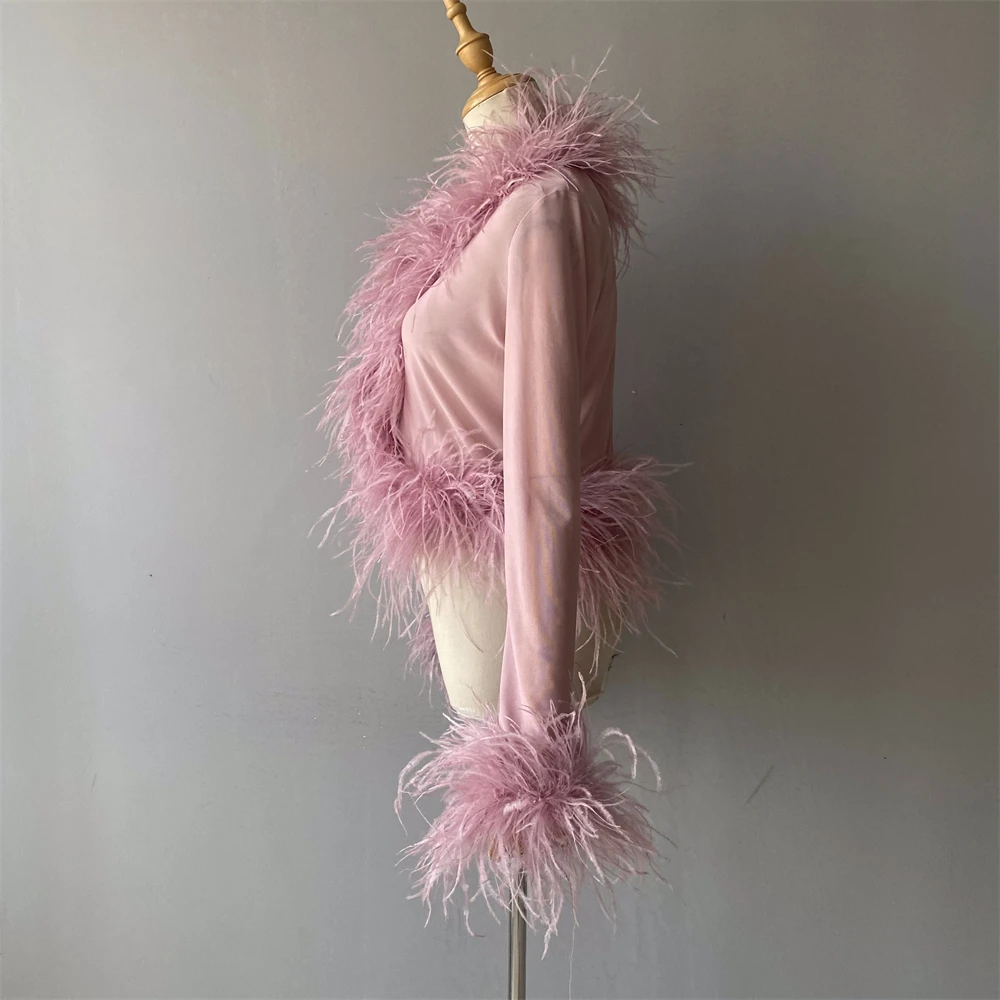 Jxwatcher Women's Sexy Mesh Feather Tops Spring Summer Ladies Vintage Celebrity Real Ostrich Feather Coat Fashion Party Wear New
