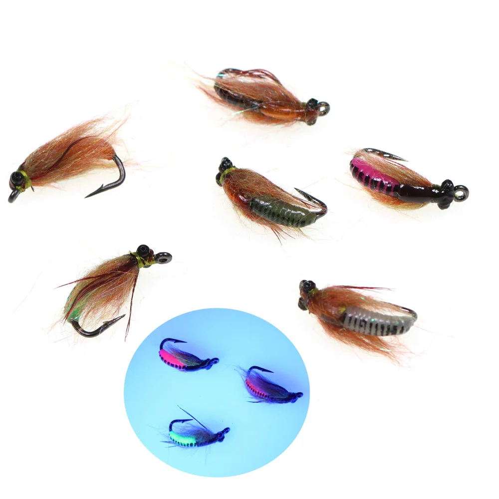 6 piezas de larvas, pupas y ninfas artificiales de Caddis, moscas de pesca con luz UV, insectos artificiales para trucha y pescado rojo, señuelo de pesca.