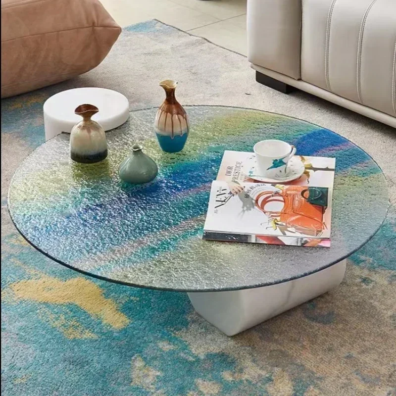 Luxury Minimalist Water Ripple round Coffee Table Designer Creative Personality Painted Tempered Crystal Glass Tea Table