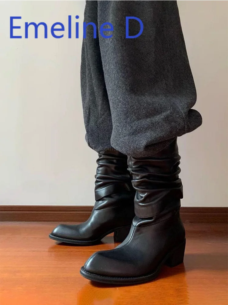 Three Dimensional Pleated Lapel Knight Boots Pointed Toe Thick Heel Mid-Calf Boots Black Minimalist Round Toe Short Boots
