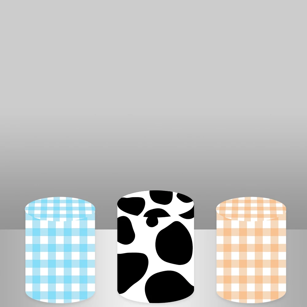 Cubierta de fondo de pared de arco de Casa de Granero azul, animales, camión, granja, círculo redondo, Fondo de cumpleaños para niño, mesa de pastel, cubiertas de zócalo de vaca