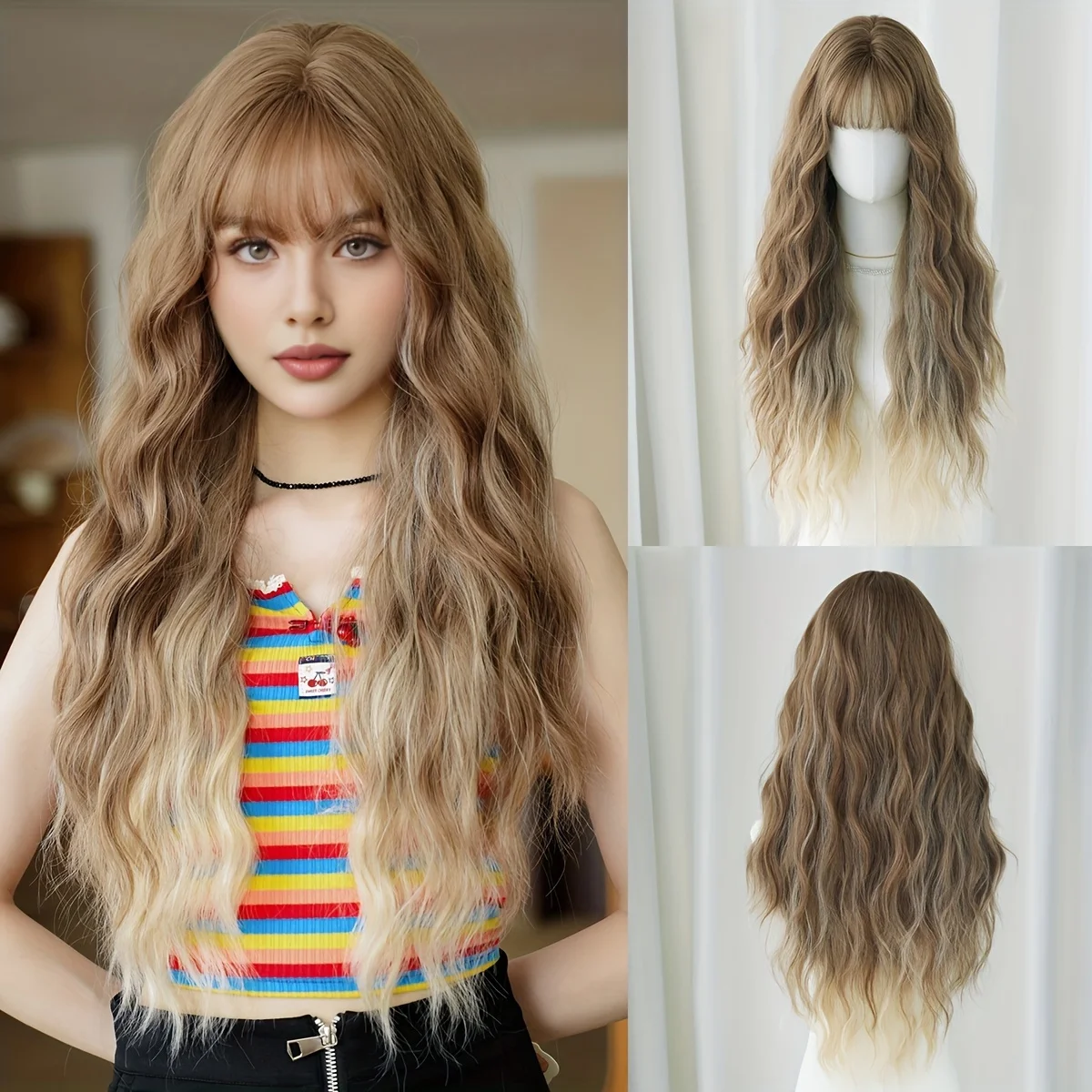ng-length water ripple gradient cool brown and off-white ladies' wig, a synthetic wig suitable for daily wear and parties