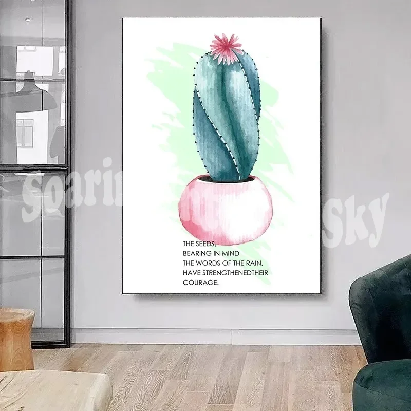 Cartaz de parede do estilo nórdico para a decoração da sala, pintura da lona com letras e o cacto para o quarto, 1 quarto