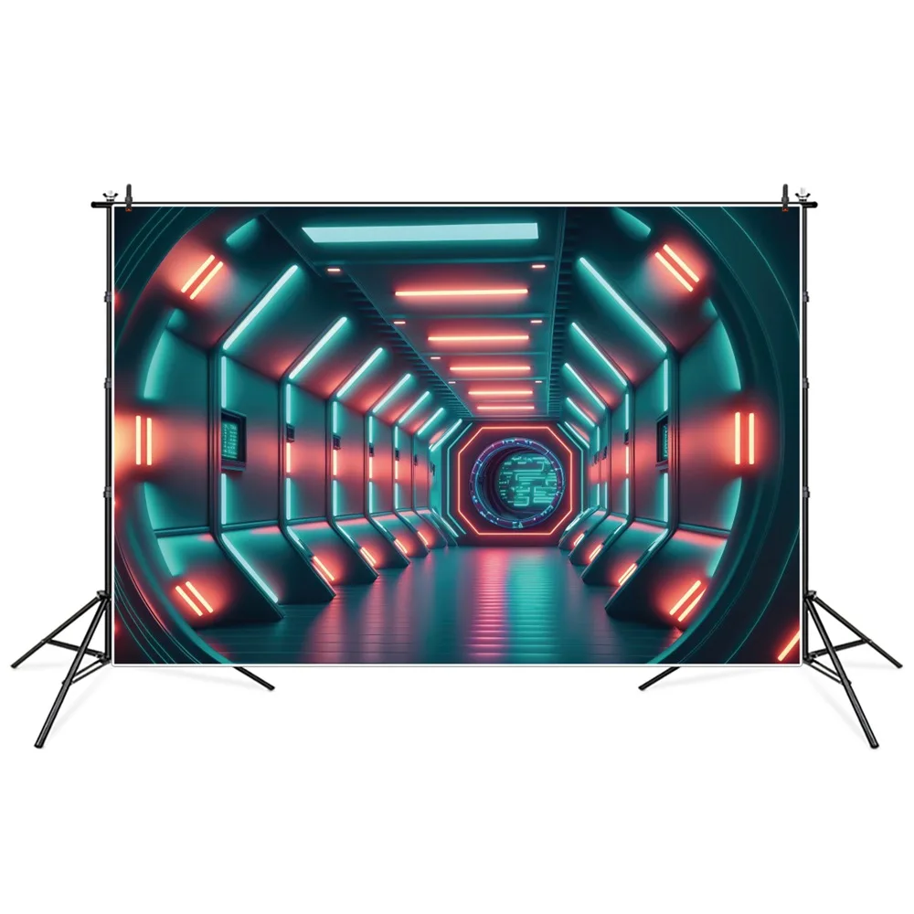 Cyberpunk Neon Corridor Backdrops Photography Party Decoration Station Lights Interior Sign Children Photobooth Background Props