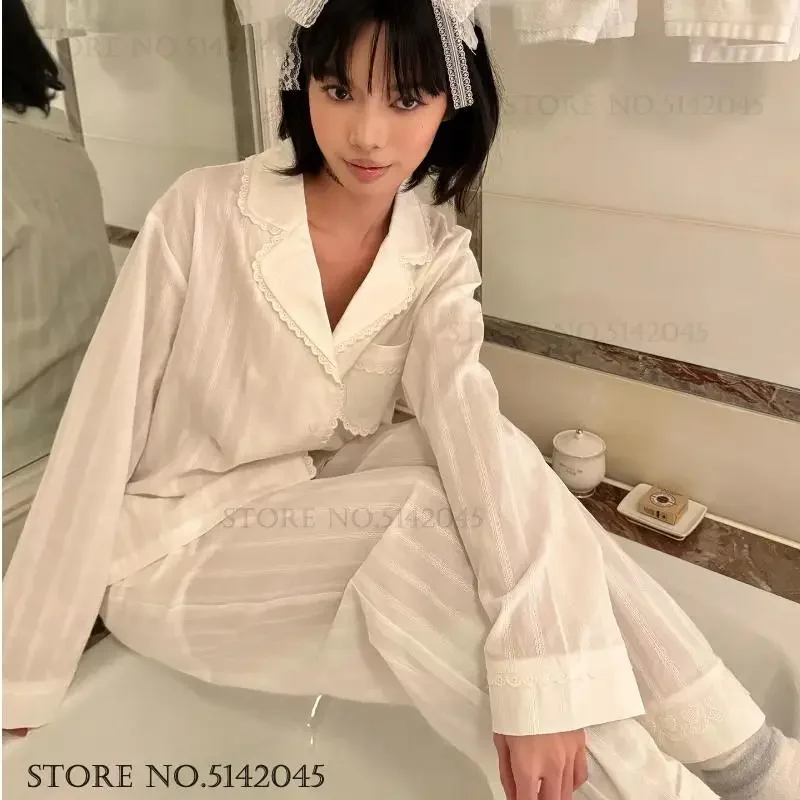 

Oversize Cotton Pajamas 2Pcs Set Pyjama Spring Autumn New Female Sleepwear Home Clothes Sweet Lace Trim Pijamas Suit Loungewear