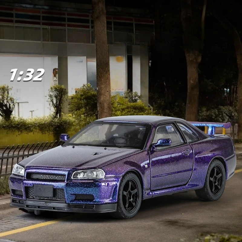 

1:32 Skyline R34 суперкар из сплава металла, литая под давлением модель автомобиля, игрушечный гоночный автомобиль, имитация звука, свет, детский подарок