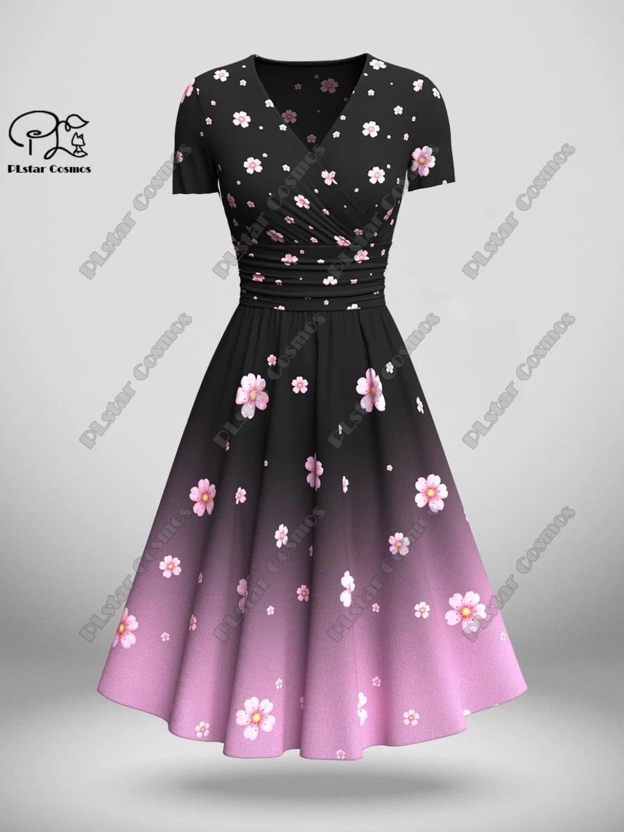 PLstar Cosmos 3D printed new floral gradient series V-neck short-sleeved dress A-line long dress summer casual fashion  S-15