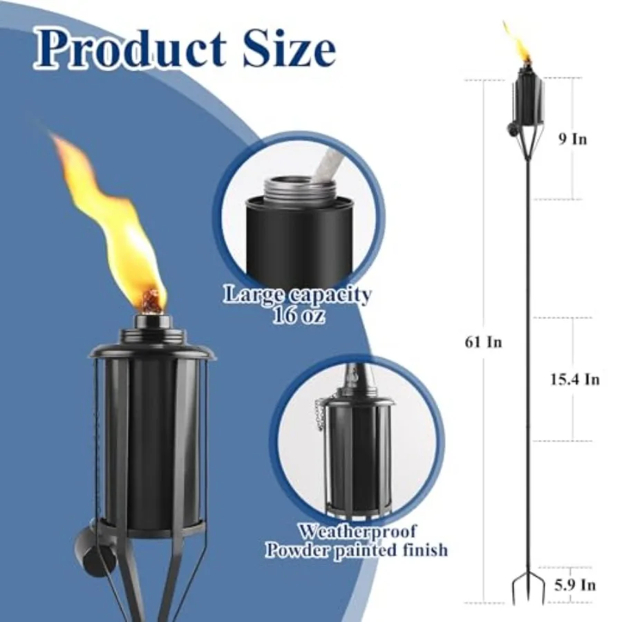 6 Pack Home Garden Torch, Large Capacity 16oz Outdoor Metal Torch Garden Décor, 59-Inch Upgraded Citronella Torches with 3-Pron