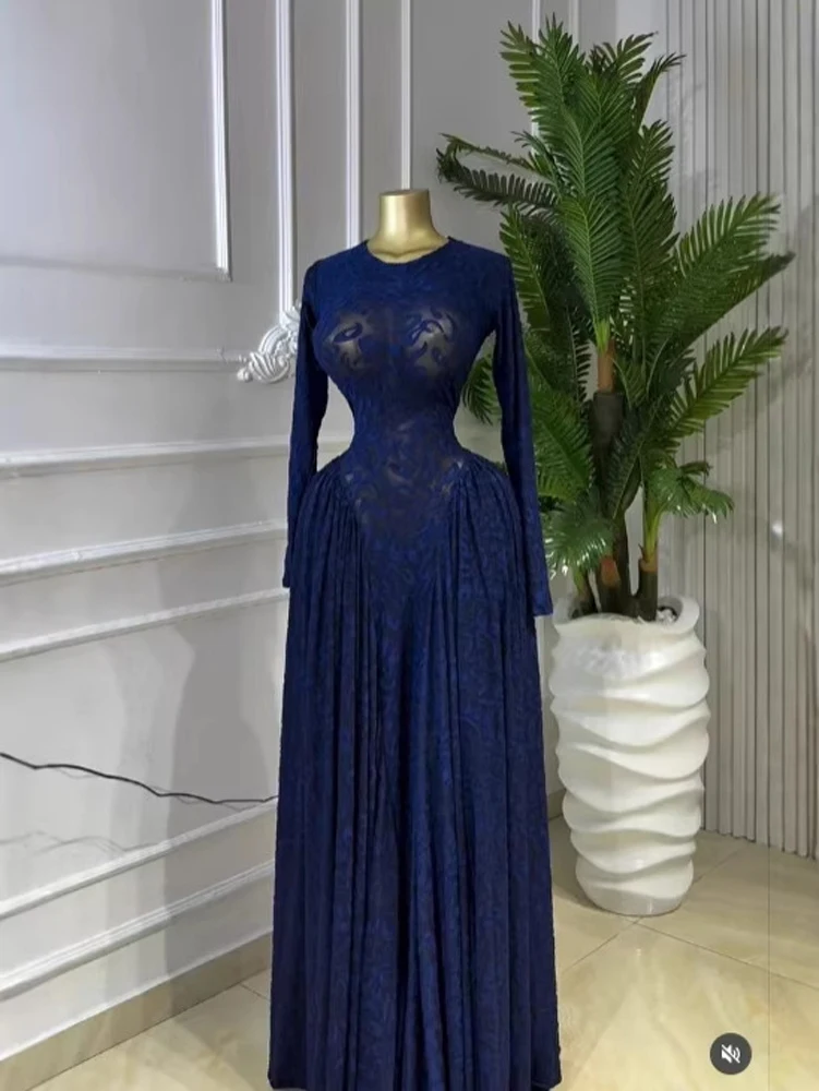 Luxuriöses Damen-Maxikleid mit elegantem Design, Print und Mesh, zweiteiliges Set mit Unterkleid, Urlaubs- und Strandstil, langärmlig – Detail 11