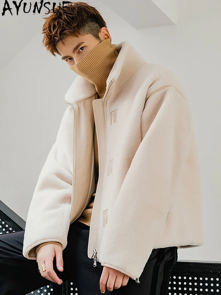 AYUNSUE 천연 메리노 양 Shearling 자켓 남자 2025 가을 겨울 패션 진짜 모피 코트 짧은 오토바이 자켓 스탠드 칼라