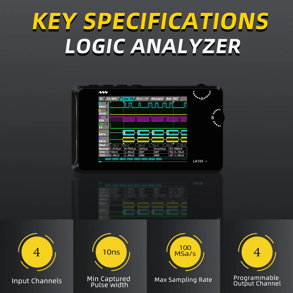 Digital Logic Analyzer LA104 USB Mini 4 Channels 100MHz Max Sampling Rate Built in 8MB Flash Storage 2.8 Inch Oscilloscope