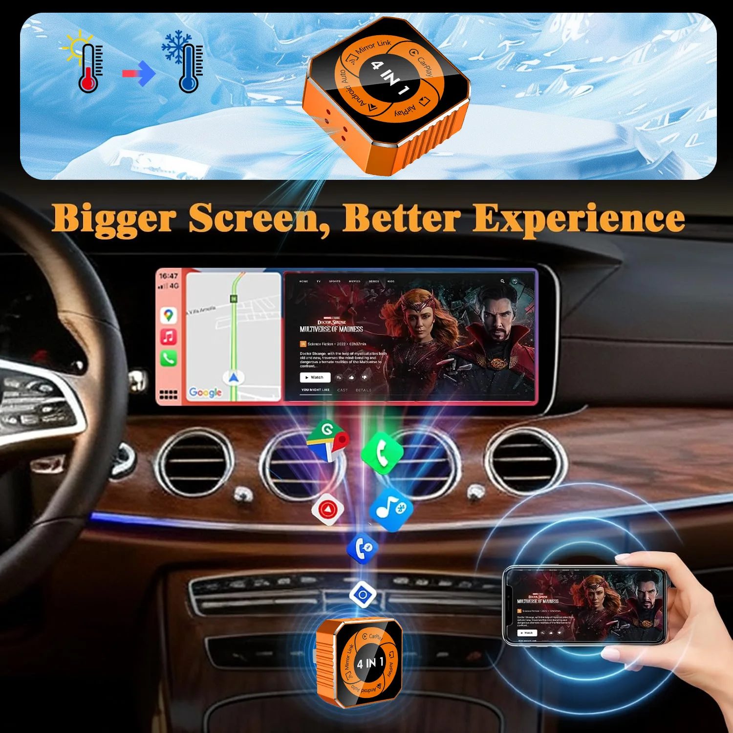 2026 Upgrade 4in1 Wireless CarPlay Android Auto Smart AI Box Mirror Link Plug & Play Auto Connect