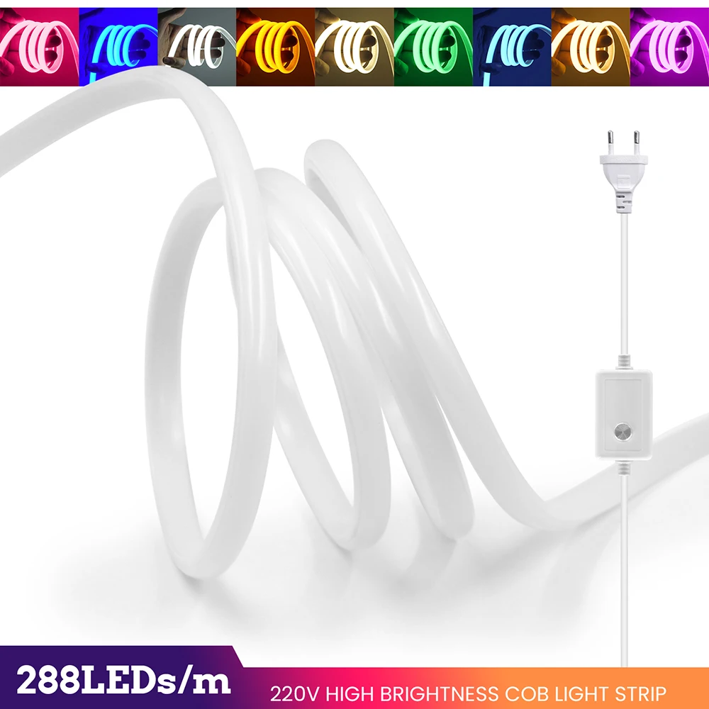 220V Dimmable COB LED Dimmer Power Kit Neon Light Strip Waterproof 10 Colors 5m 10m 20m 30m 0.5m 288LEDs/m Flex Tube Lamp Decor